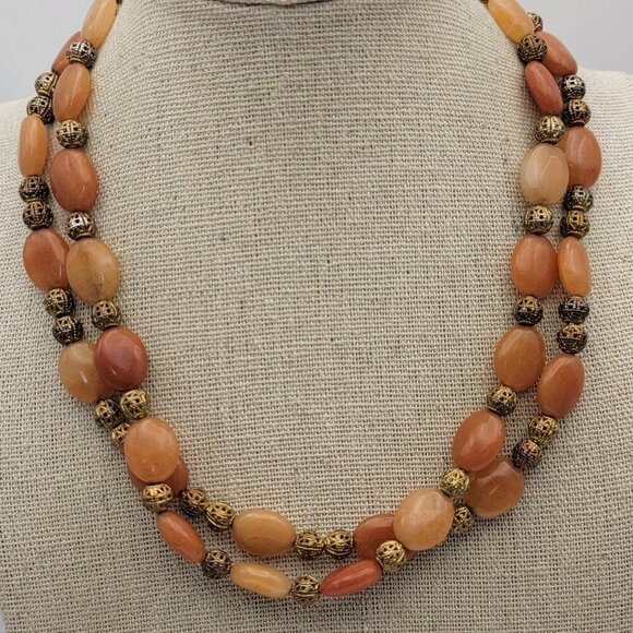 Orange Quartz Beaded Necklace 2-Strand Toggle Clasp Gold Tone Spacers 16 Inch - Picture 1 of 8